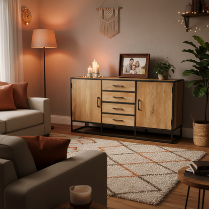 Dressoir Dakota 165 cm – Massief Mangohout met Zwart Metalen Frame – 4 Lades &amp; 2 Deuren – Industrieel Design - Industrieelinhuis.nl