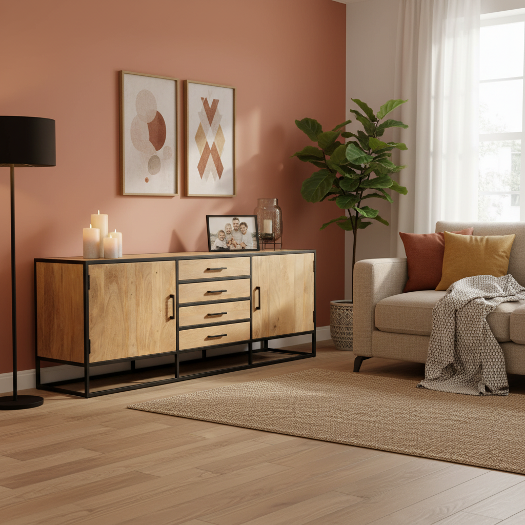 Dressoir Dakota 210 cm – Massief Mangohout met Zwart Metalen Frame – 4 Lades &amp; 2 Deuren – Industrieel Design - Industrieelinhuis.nl