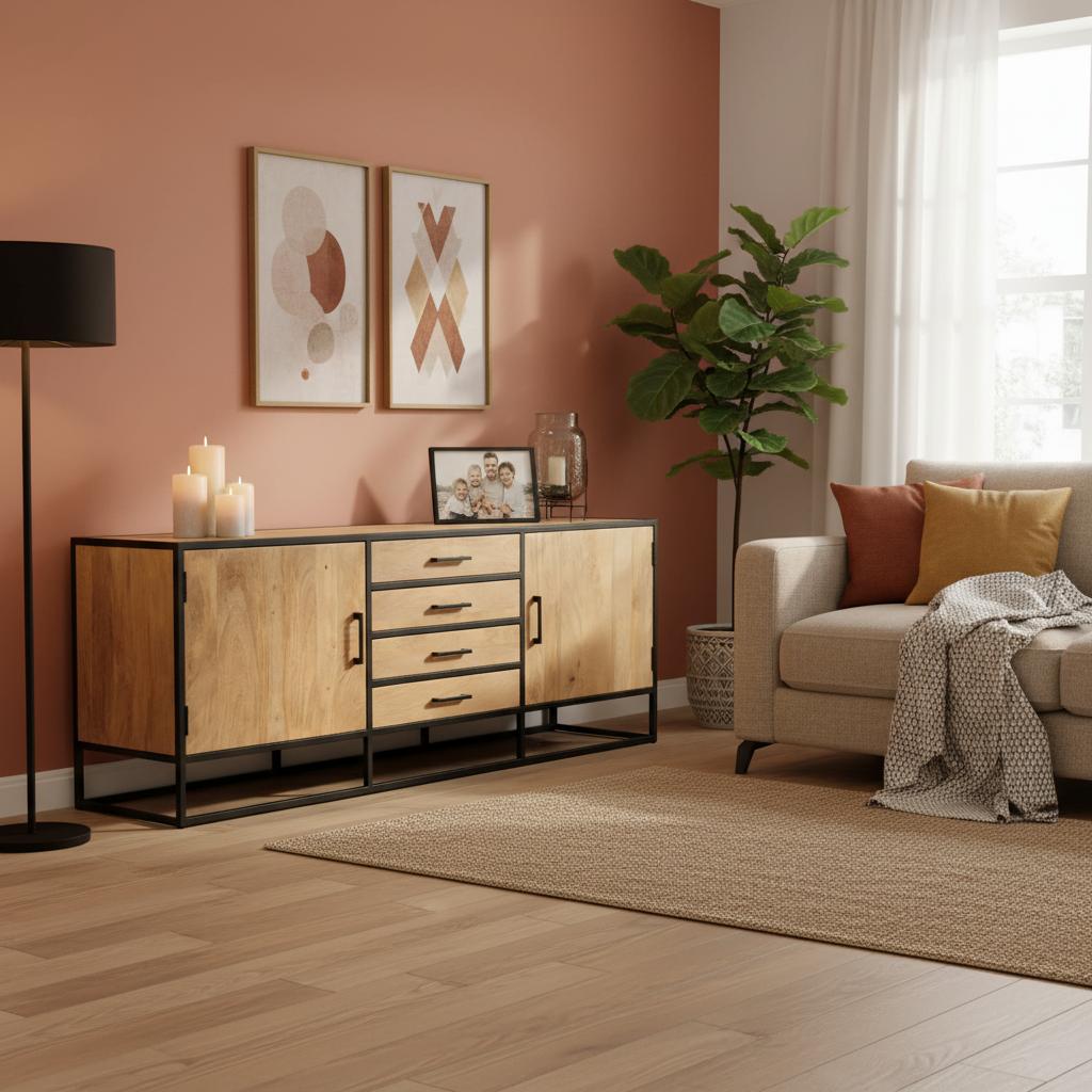 Dressoir Dakota 210 cm – Massief Mangohout met Zwart Metalen Frame – 4 Lades &amp; 2 Deuren – Industrieel Design - Industrieelinhuis.nl
