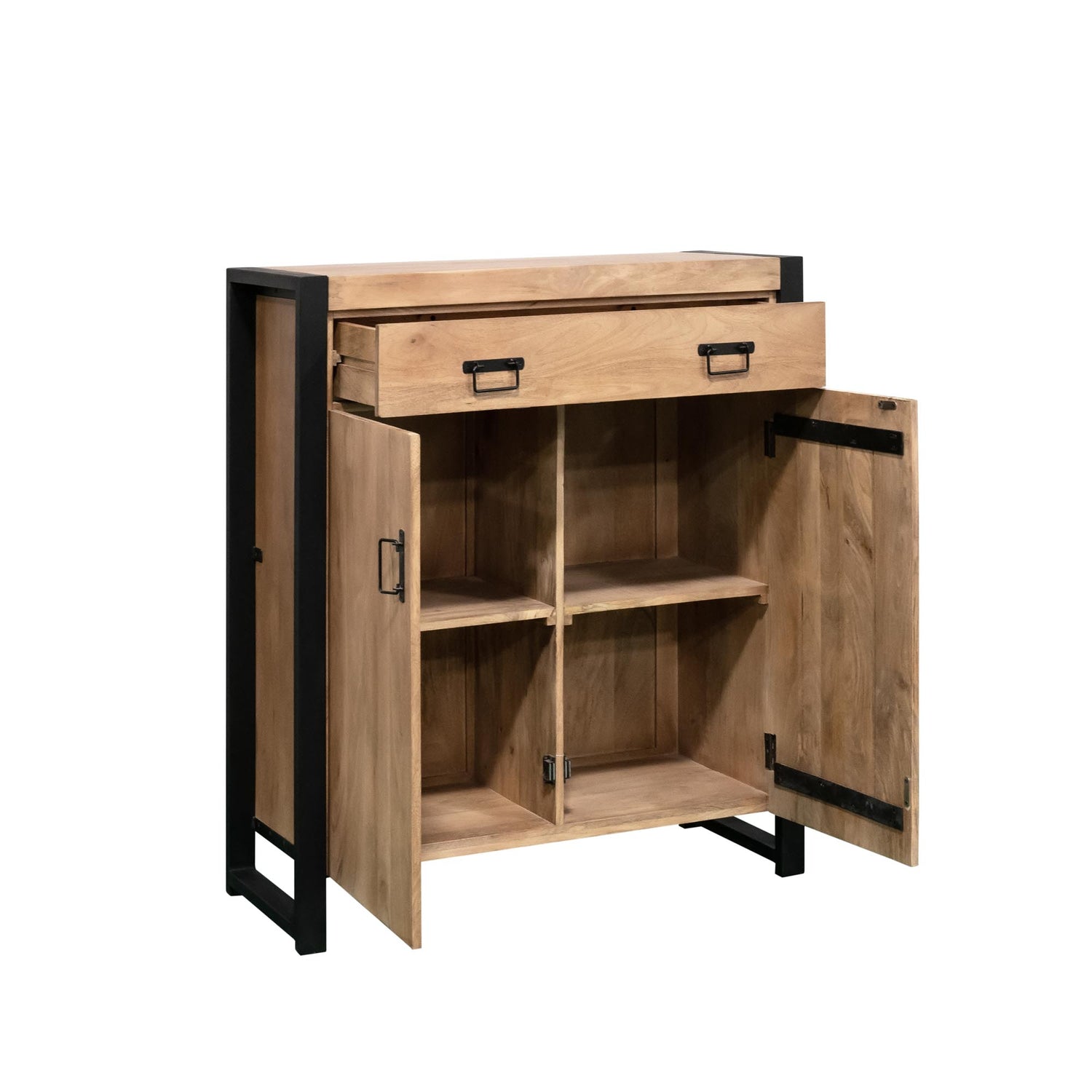 Kabinetkast Britt – Massief Mangohout &amp; Zwart Metaal – 100 cm - Industrieelinhuis.nl
