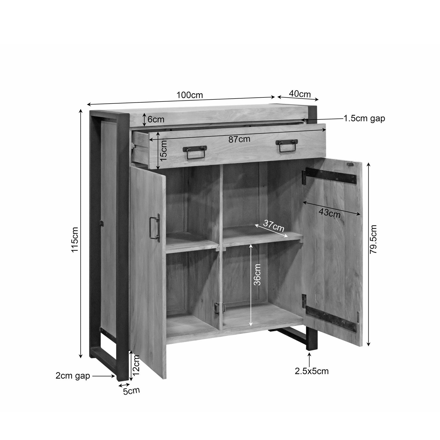 Kabinetkast Britt – Massief Mangohout &amp; Zwart Metaal – 100 cm - Industrieelinhuis.nl