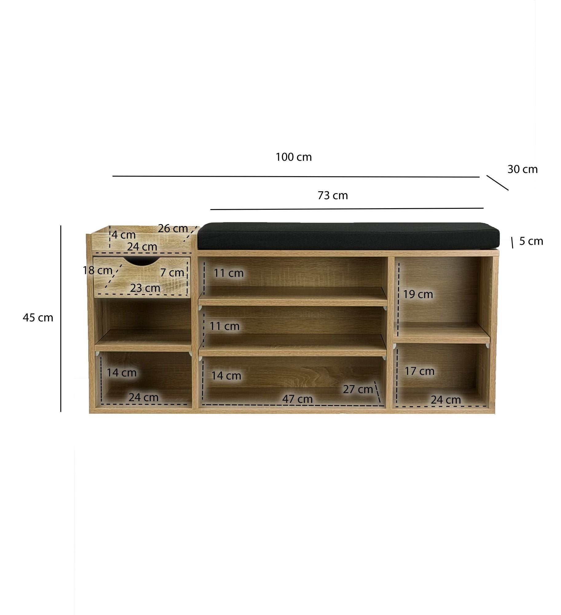 Schoenenbank Eiken met lade | 100 cm lengte | Halbankjes