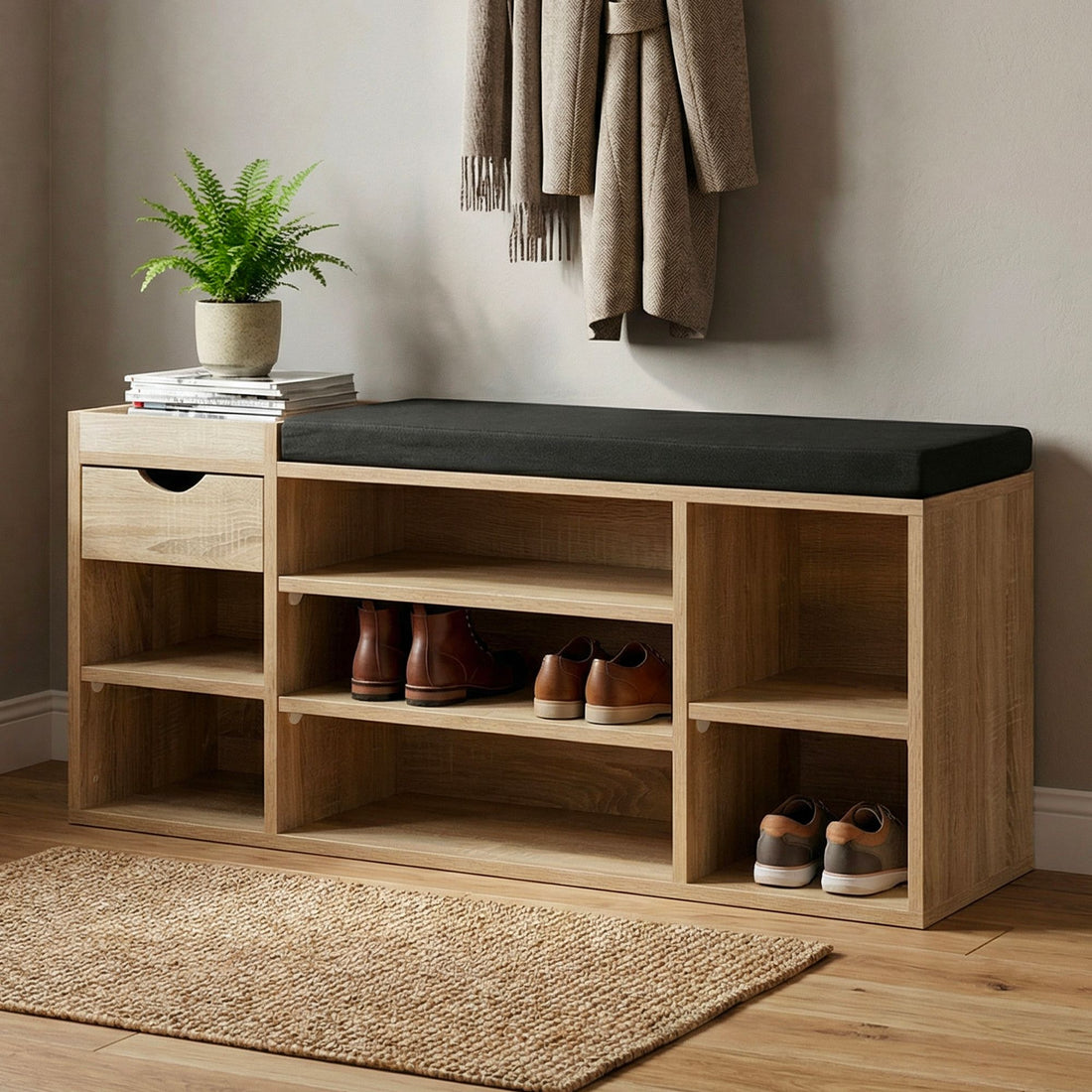 Schoenenbank Eiken met lade | 100 cm lengte | Halbankjes