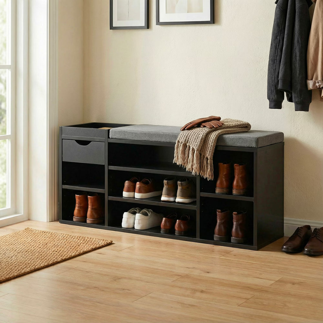 Schoenenbank zwart met lade | 100 cm lengte | Halbankjes