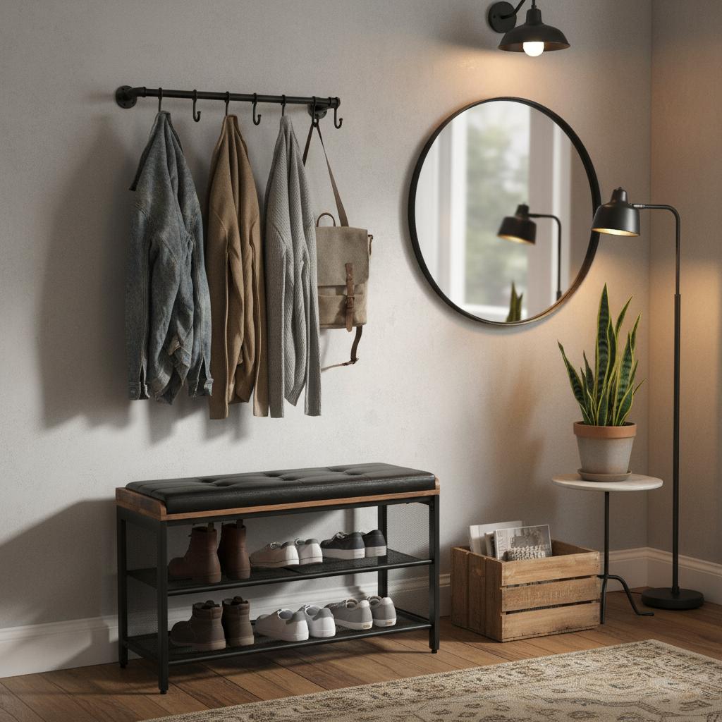 Schoenenrek industrieel met bank | Houtlook en Staal | 80x30x48cm