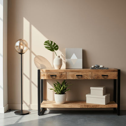 Sidetable met lades en zwarte handgrepen | Mangohout en Staal | 150x35x76cm - Industrieelinhuis.nl