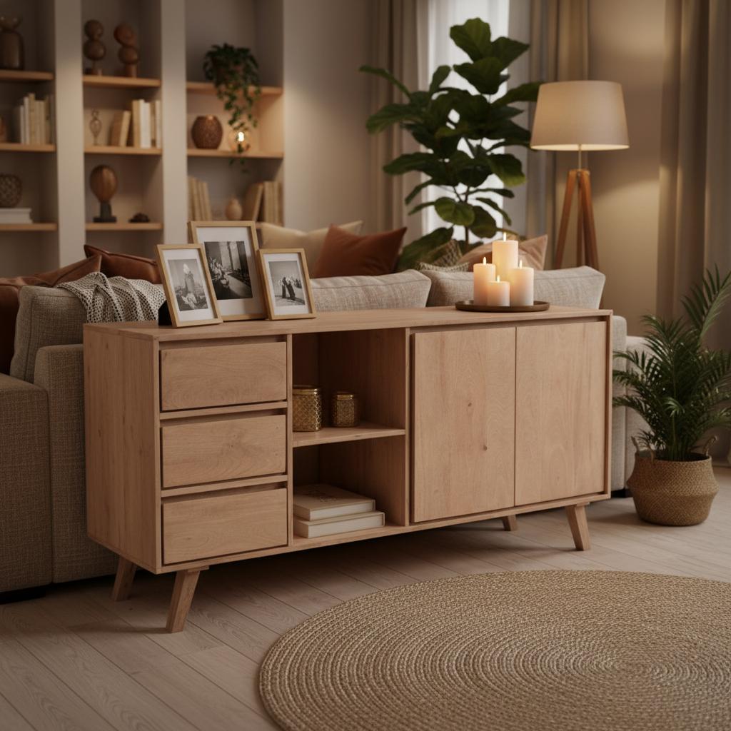 Dressoir Bibi – Scandinavisch Vintage Design met Veel Opbergruimte | 180×90×40 cm | Lichte Houtkleur &amp; Schuine Pootjes