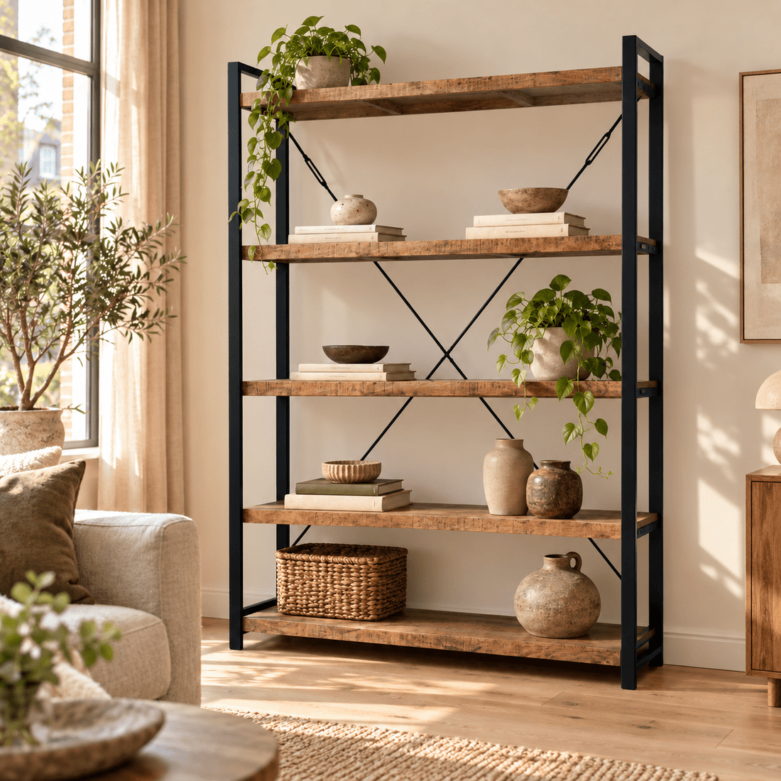 Boekenkast mangohout | Industrieel | 160x40x200cm