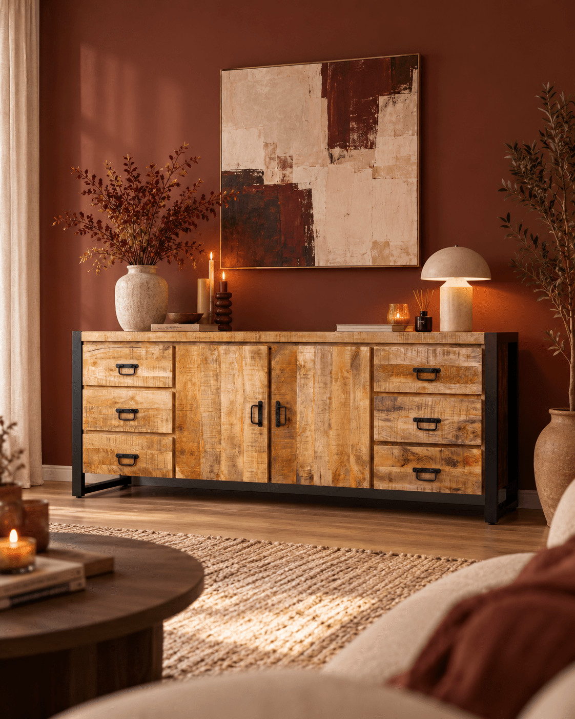 Dressoir Britt - 200 cm -  2-deurs 6-laden Mangohout en Staal