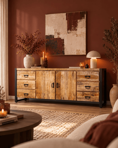 Dressoir Britt - 200 cm -  2-deurs 6-laden Mangohout en Staal