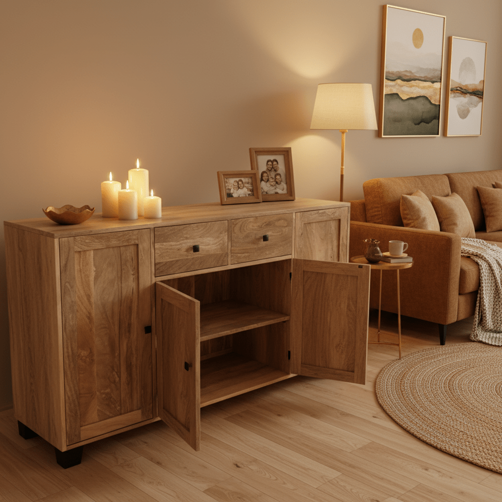 Sidetable wandmeubel met lades en deuren | 140 x 40 x 80 cm | Mangohout - Industrieelinhuis.nl