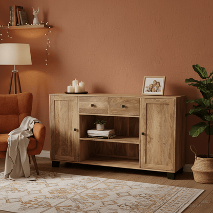 Sidetable wandmeubel met lades en deuren | 140 x 40 x 80 cm | Mangohout - Industrieelinhuis.nl