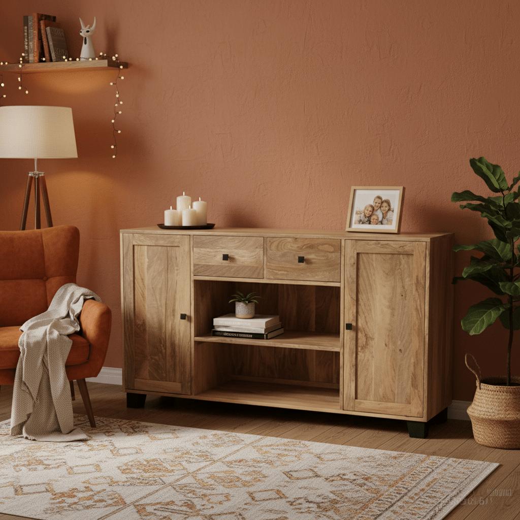 Sidetable wandmeubel met lades en deuren | 140 x 40 x 80 cm | Mangohout - Industrieelinhuis.nl