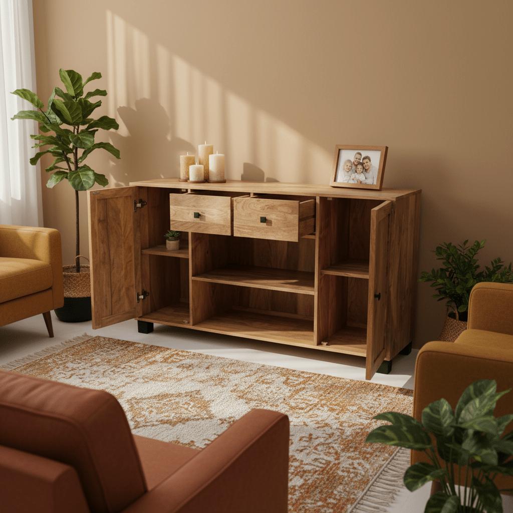 Sidetable wandmeubel met lades en deuren | 140 x 40 x 80 cm | Mangohout - Industrieelinhuis.nl