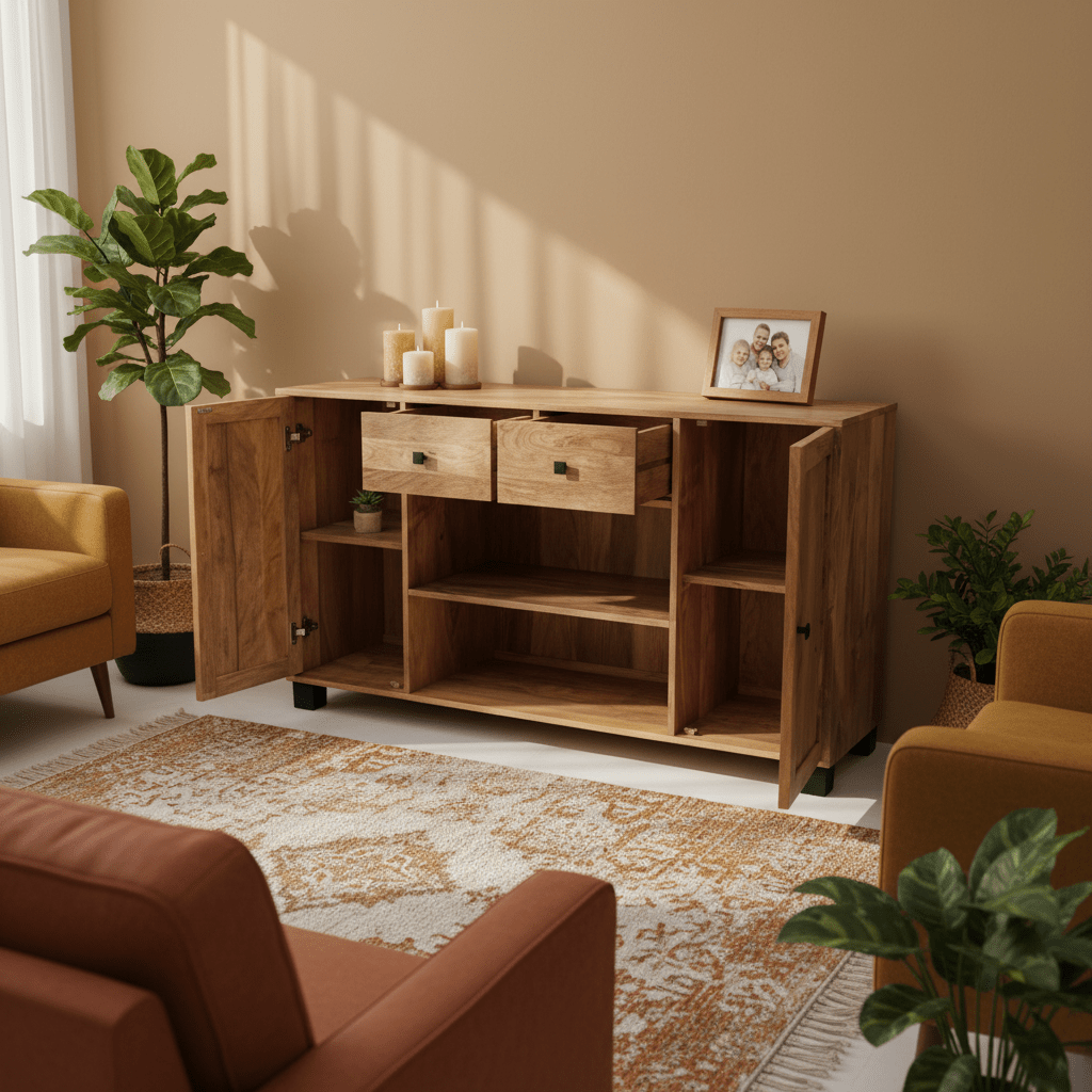 Sidetable wandmeubel met lades en deuren | 140 x 40 x 80 cm | Mangohout - Industrieelinhuis.nl