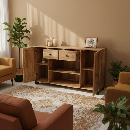 Sidetable wandmeubel met lades en deuren | 140 x 40 x 80 cm | Mangohout - Industrieelinhuis.nl