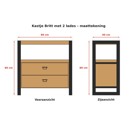 Mangohout kastje Britt met 2 lades Industrieel Design | Mangohout en Staal | 80x40x80cm