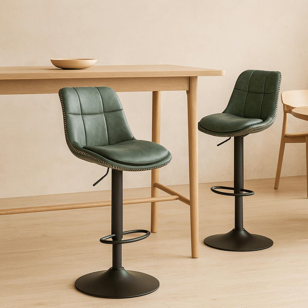 Barkrukken Set van 2 – Verstelbare draaibare keukenstoelen met rugleuning, voetensteun en PU-leren zitting in bosgroen - Industrieelinhuis.nl