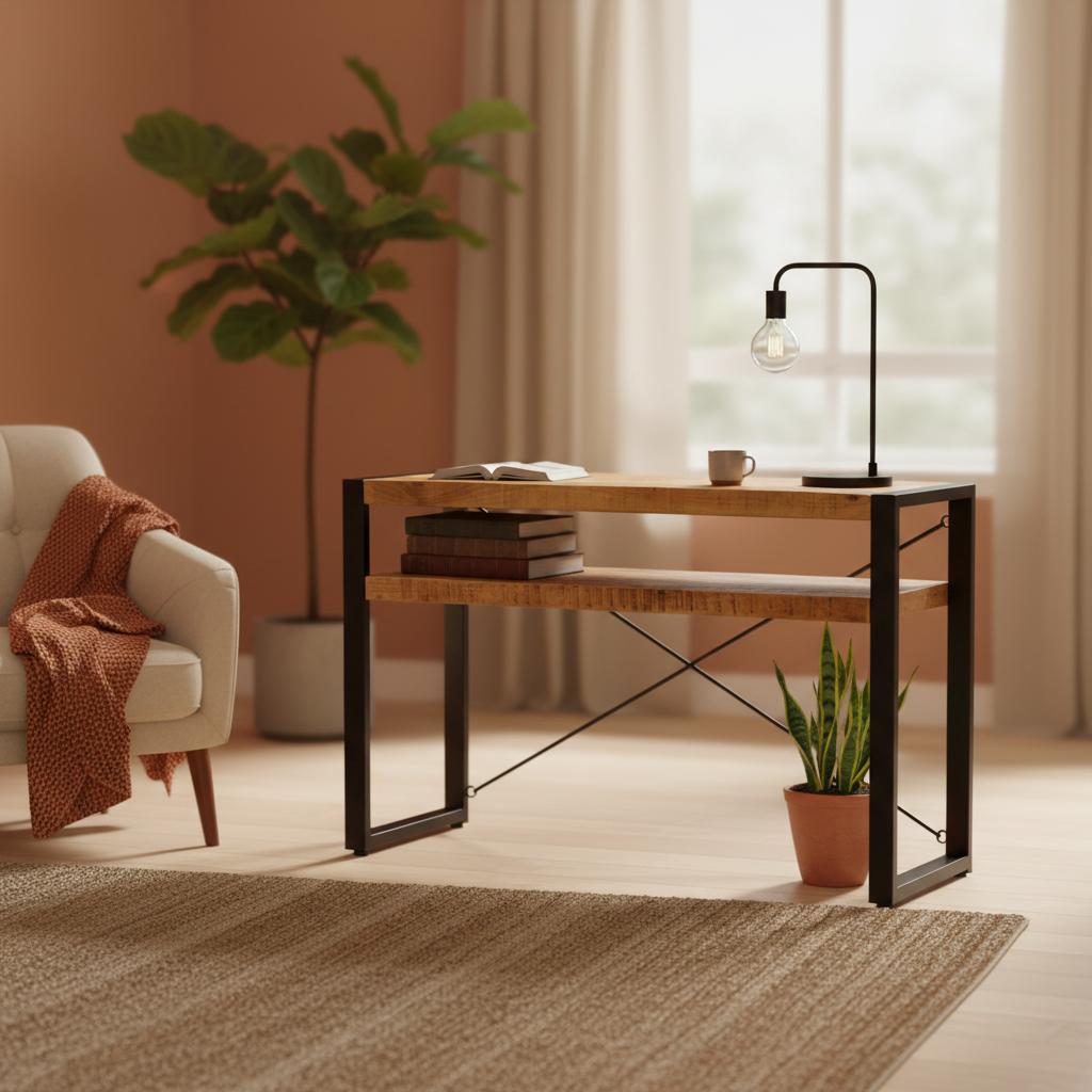 Sidetable industrieel Britt met schap | Mangohout en Staal | 120 x 35 x 76cm