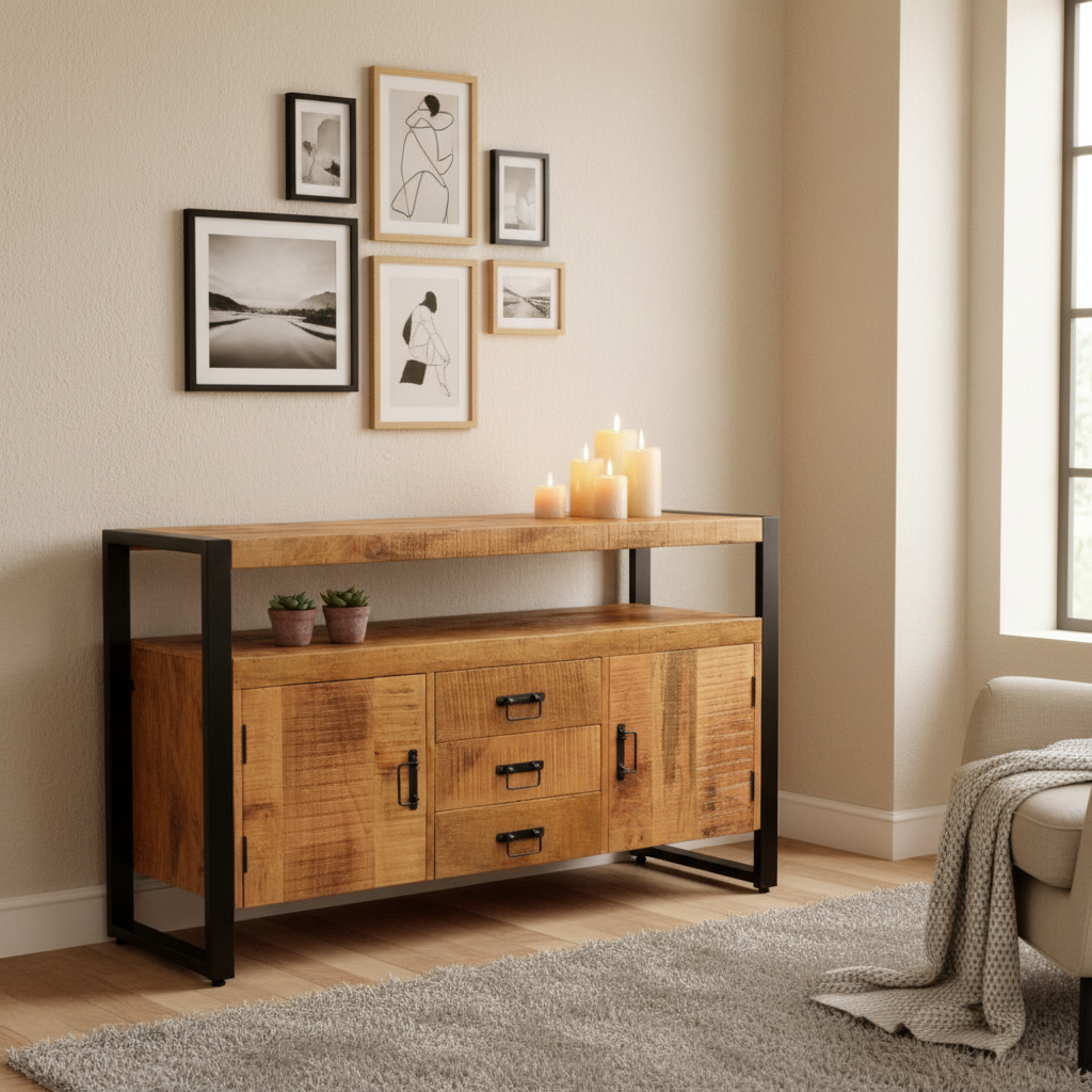 Sidetable Bink | robuuste wandtafel van mangohout en staal | 135x45x80cm