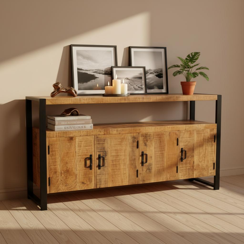 Sidetable Britt – Industrieel Mangohout &amp; Zwart Staal | 4 Deuren | 175×45×90 cm