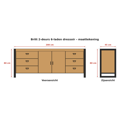 Dressoir Britt - 200 cm -  2-deurs 6-laden Mangohout en Staal