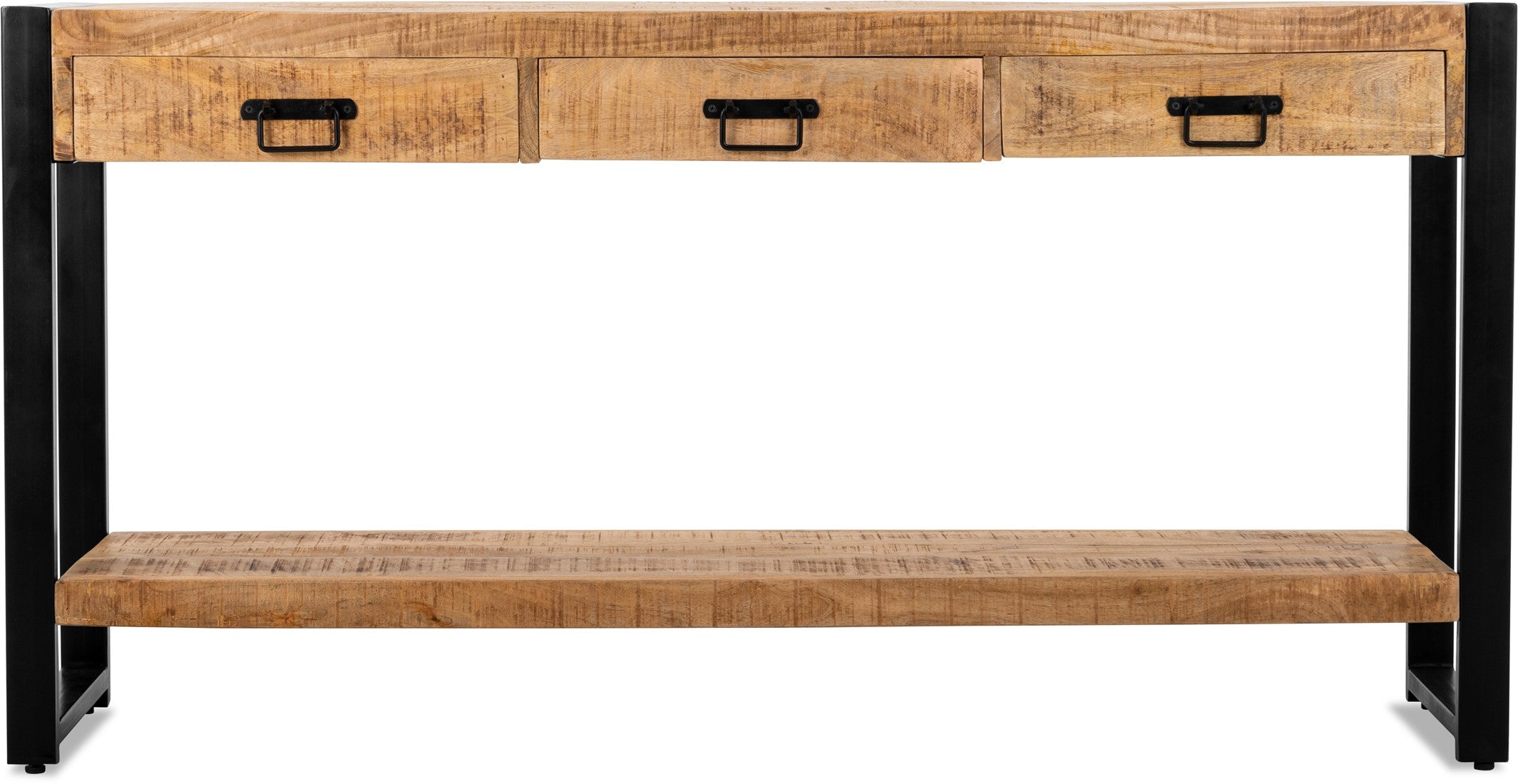 Sidetable mangohout met lades en zwarte handgrepen | Mangohout en Staal | 150x35x76cm - Industrieelinhuis.nl