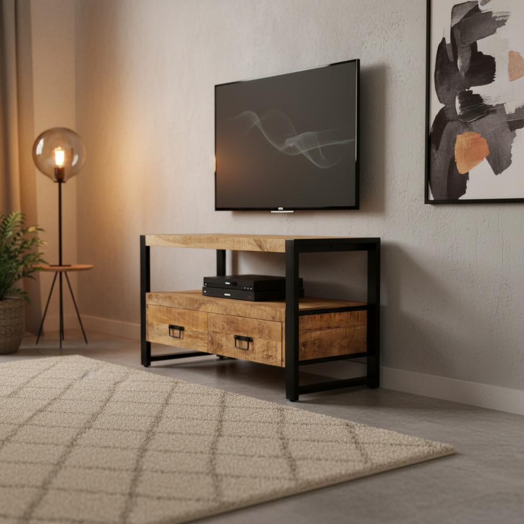TV -Möbel Industrial Design Britt | Mangoholz und Stahl 120x45x60 cm