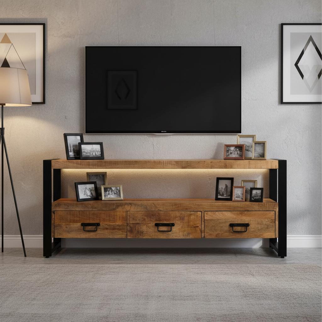 Britt TV Furniture Industrial Design | Mangoholz und Stahl 150x45x60 cm