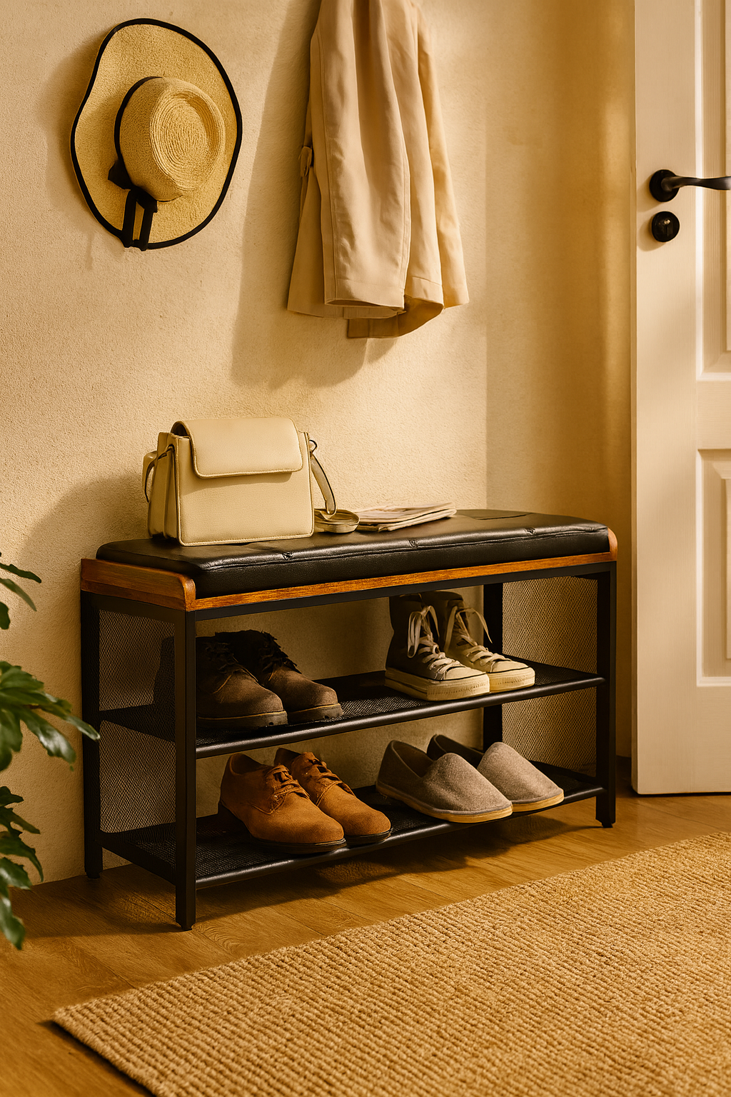 Schoenenrek industrieel met bank | Houtlook en Staal | 80x30x48cm