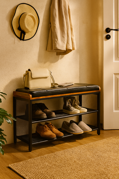 Schoenenrek industrieel met bank | Houtlook en Staal | 80x30x48cm - Industrieelinhuis.nl