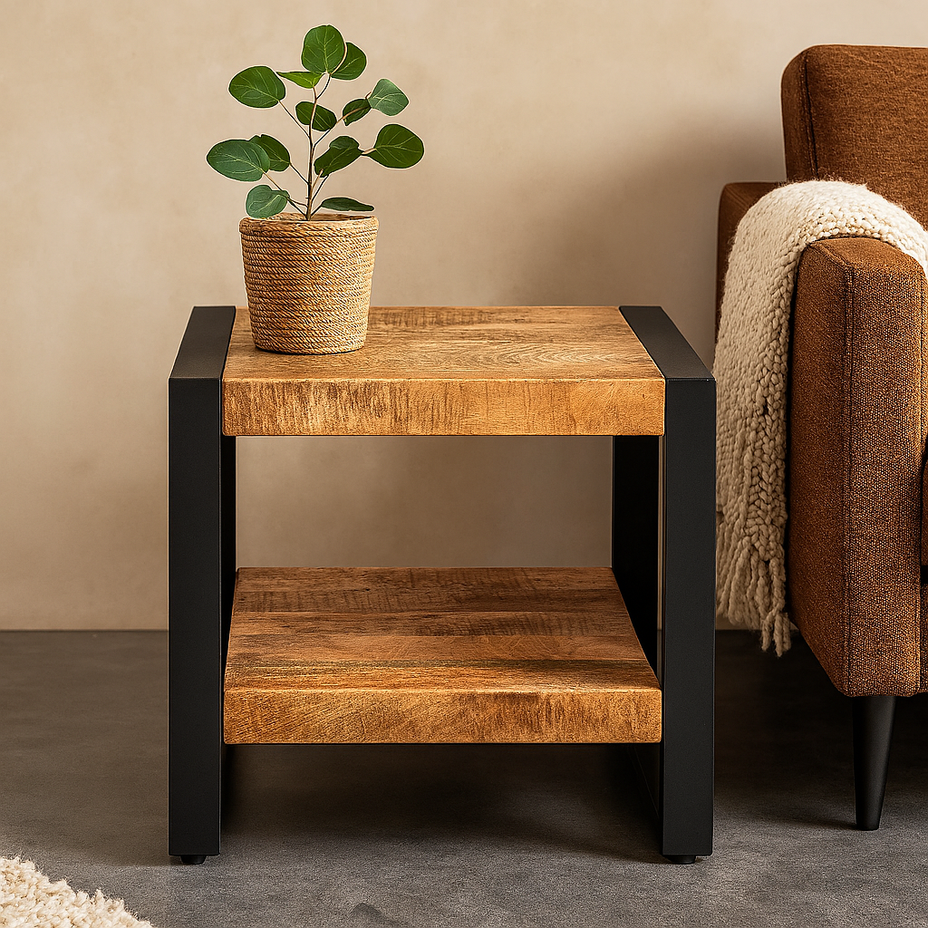 Kaffeetisch Seitentisch Industrielles Design | Mangoholz und Stahl 50x50x45