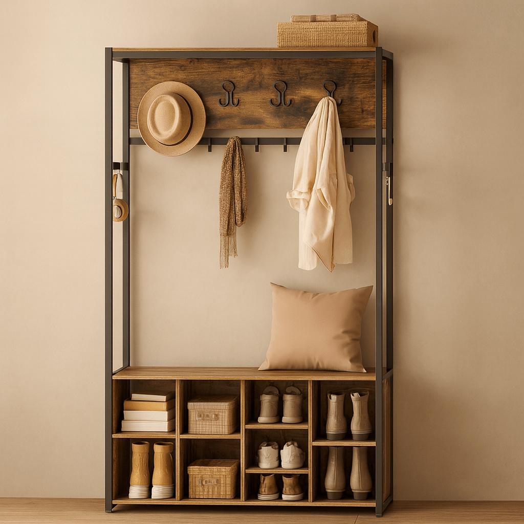 Garderoberek met Bank en Schoenenopslag – Industrieel halmeubel met kapstokhaken, opbergplanken en zitbank in rustiek bruin en zwart staal - Industrieelinhuis.nl