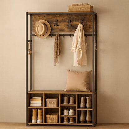 Garderoberek met Bank en Schoenenopslag – Industrieel halmeubel met kapstokhaken, opbergplanken en zitbank in rustiek bruin en zwart staal - Industrieelinhuis.nl