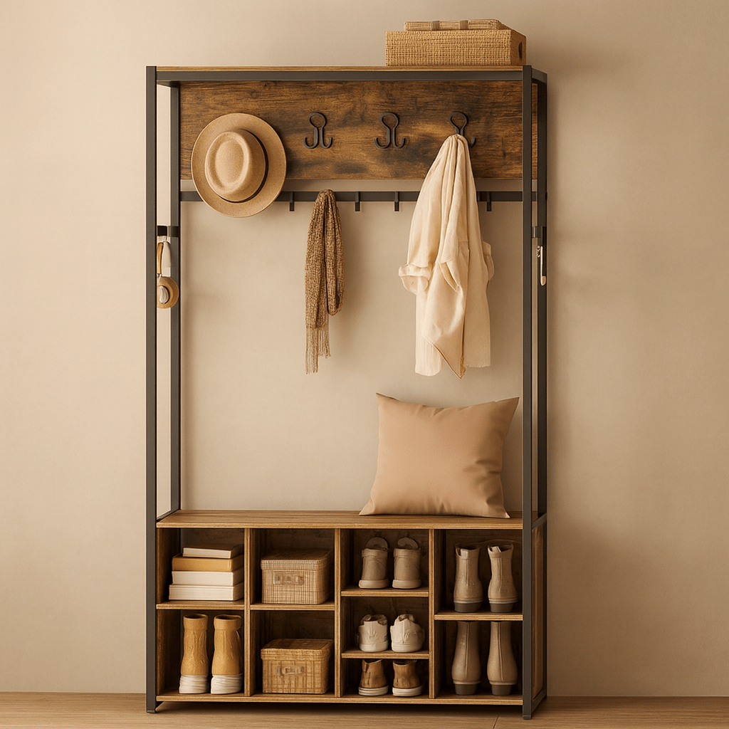 Garderoberek met Bank en Schoenenopslag – Industrieel halmeubel met kapstokhaken, opbergplanken en zitbank in rustiek bruin en zwart staal