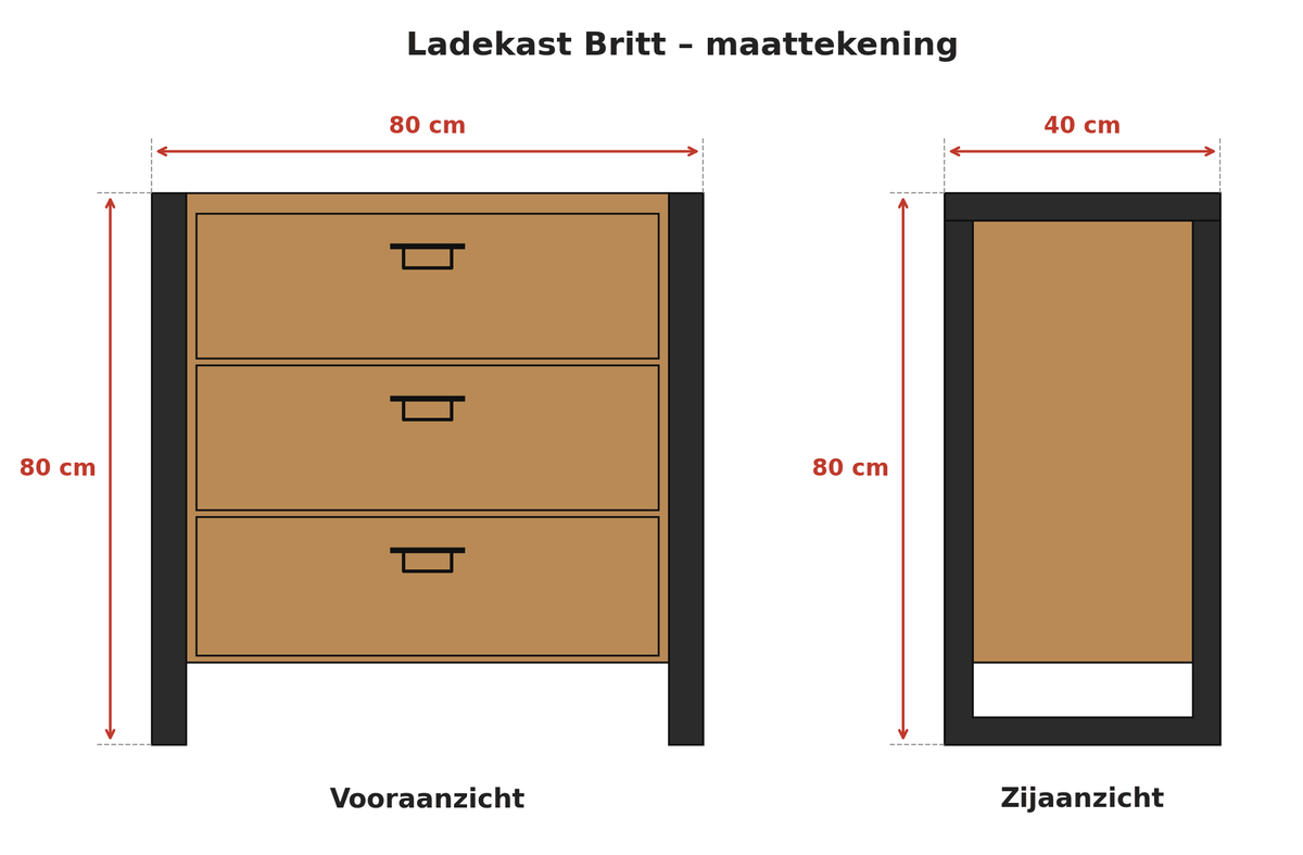 Ladekast Mangohout Britt  | Mangohout en Staal | 80x40x80cm