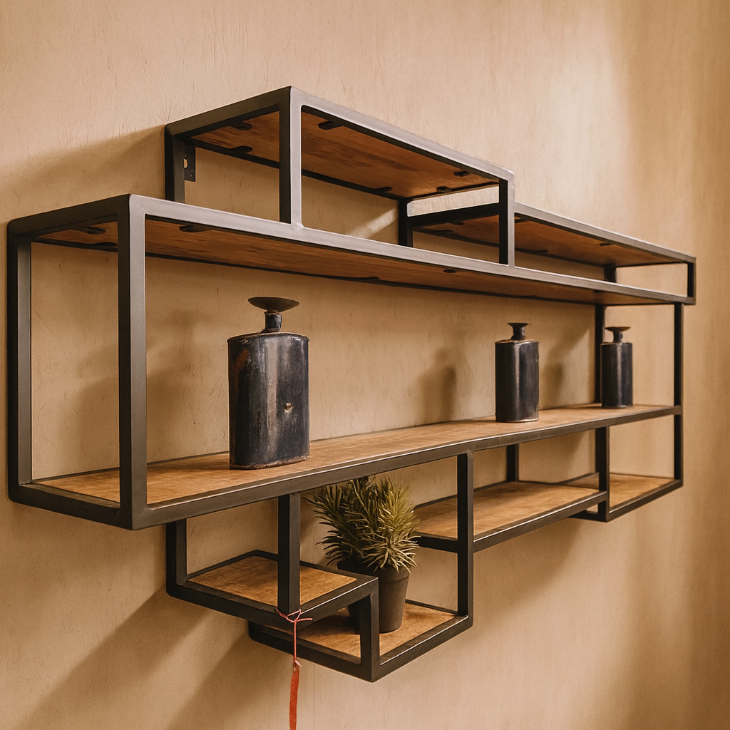 Wandplank industrieel design | Mangohout en Staal | 200x25x80cm