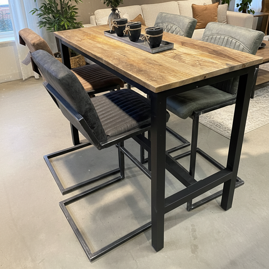 Bartafel Industrieel Design | Mangohout en Staal | 135x65x105cm