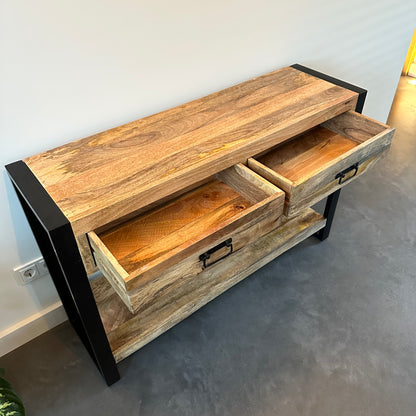 Sidetable met lades Mangohout en Staal | 120 x 35 x 76 cm