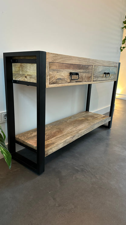 Sidetable met lades Mangohout en Staal | 120 x 35 x 76 cm