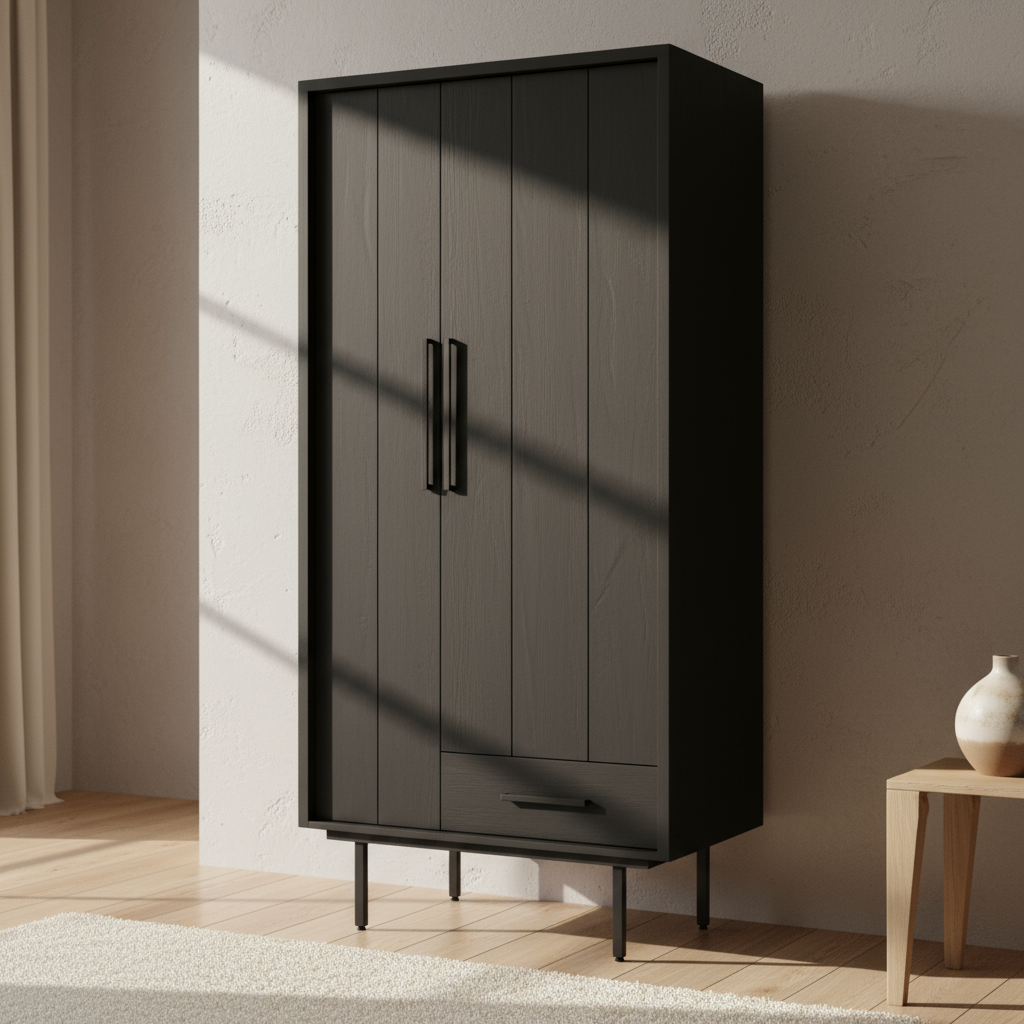 Zwarte garderobe kast Jayden Black | Mangohout Staal | 85x60x180cm - Industrieelinhuis.nl