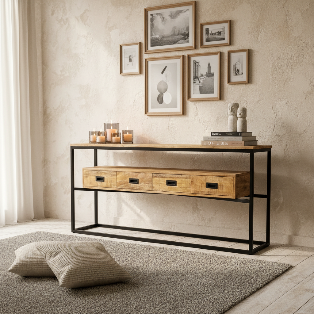 Sidetable mangohout met vier lades | Mangohout en Staal | 180x35x77