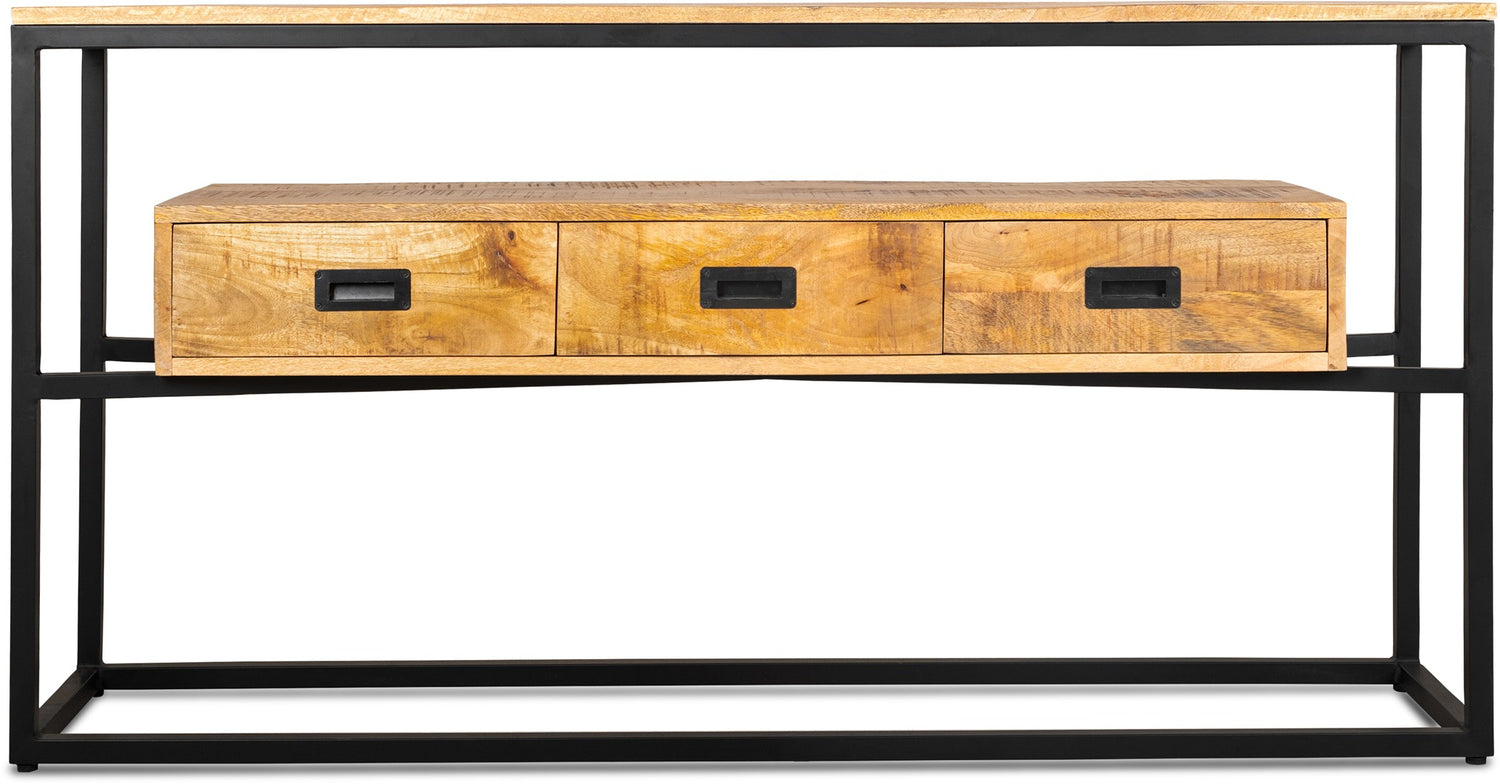 Sidetable mangohout met drie lades | Mangohout en Staal | 150x35x77 - Industrieelinhuis.nl