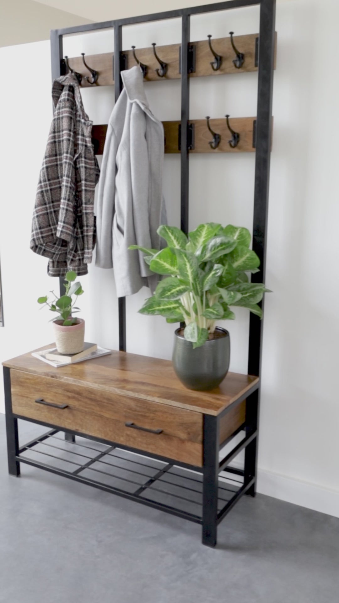 Garderoberek met Lade XL Industrieel Design | Mangohout en Staal | 100x40x190cm