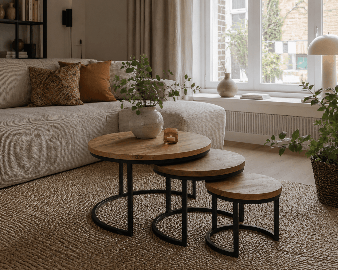Ronde Salontafel set van 3 Dakota | Zwart onderstel | Mangohout blad