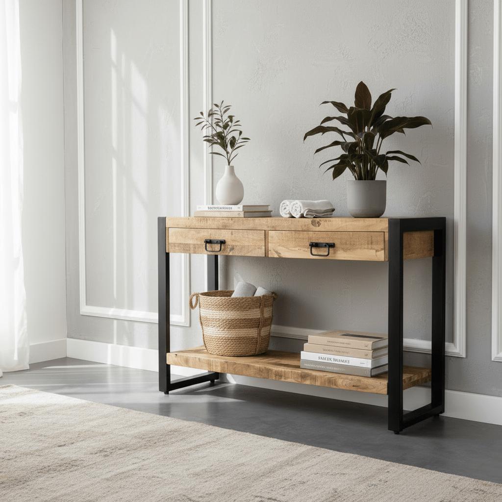 Sidetable met twee lades | 120 x 35 x 76 cm | Mangohout - Industrieelinhuis.nl