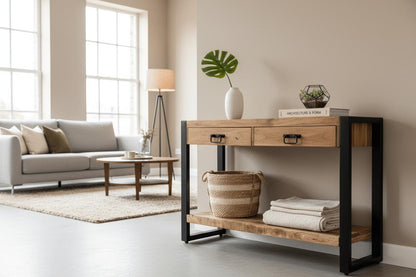 Sidetable met twee lades | 100 x 35 x 76 cm | Mangohout - Industrieelinhuis.nl