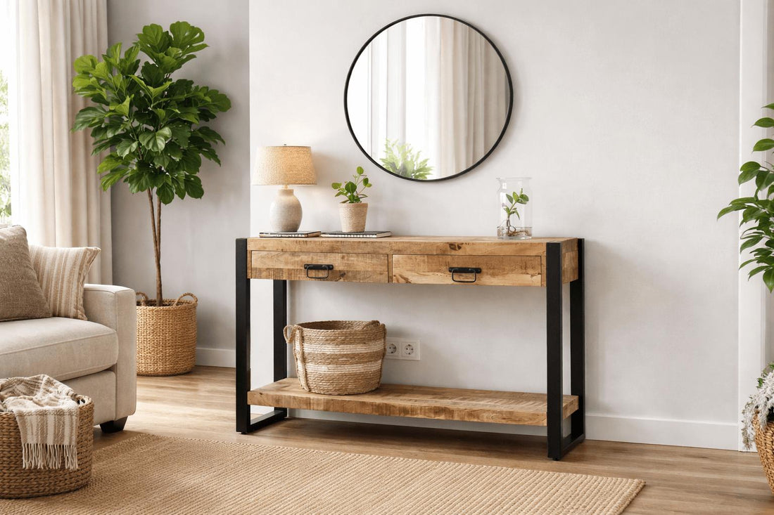 Sidetable met twee lades | 100 x 35 x 76 cm | Mangohout - Industrieelinhuis.nl