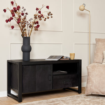 Tv meubel Boaz Black met een deur en open vak | 110 cm - Industrieelinhuis.nl