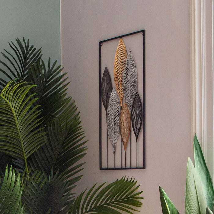 Wanddecoratie Bladeren in frame | Metaal | 37x1,1x65cm - Industrieelinhuis.nl